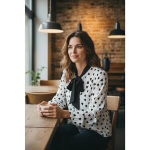 Eloquii Women's Heart Print Blouse with Bow Tie Collar